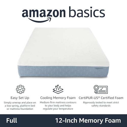 Image of Amazon Basics Cooling Gel Memory Foam Mattress, Medium Firm, CertiPUR-US Certified, Full Size, 75 x 54 x 12 inches, White /Gray