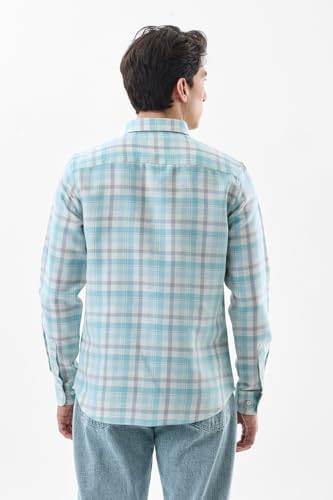 Image of SNITCH Men Casual Shirt | Slim Fit Full Sleeve Button-Down Collar Plaid Design | Polyester Cotton Linen Blend & Breathable Fabric for Everyday Wear