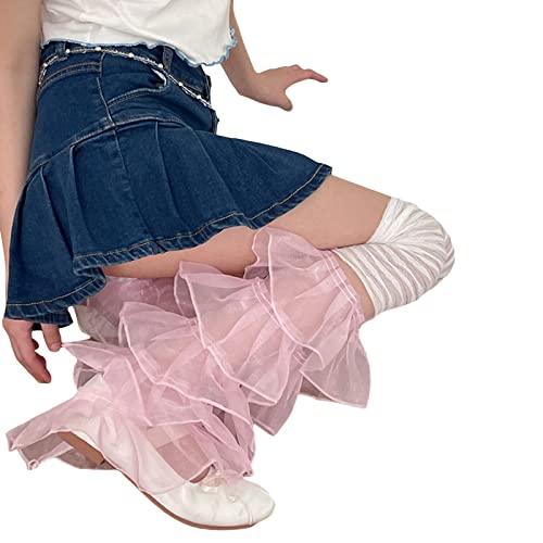 Image of Women Leg Warmers Ruffled Lace Patchwork Long Thigh High Socks Boot Cuffs Cover for Streetwear