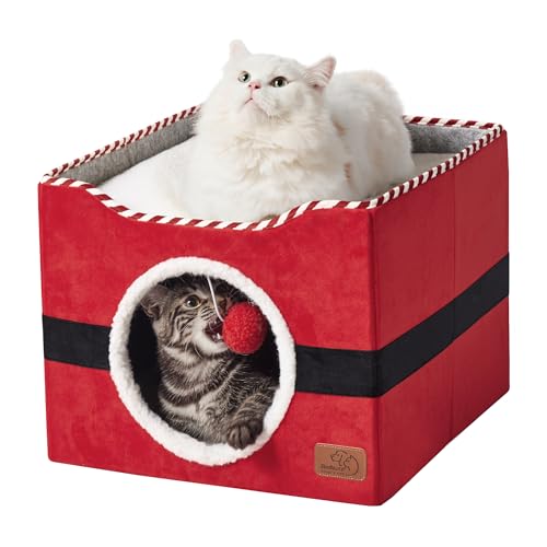 Bedsure Cat Beds for Indoor Cats - Large Cat Cave for Pet Cat House with Fluffy Ball Hanging and Scratch Pad, Foldable Cat Hideaway, 16.5x16.5x13 inches,Red