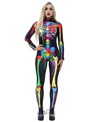 Sipumia Women Ladies Halloween Cosplay Skull Skeleton Costume Jumpsuits Stretch