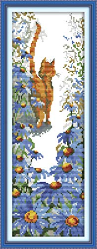 Image of CaptainCrafts Cross Stitch Kits, New Counted Kit Unprinted 14CT Fabric Cross Stitching DIY Art DMC Needlecrafts Embroidery Kit for Adults Beginner (White, Flowers and Yellow Cat)