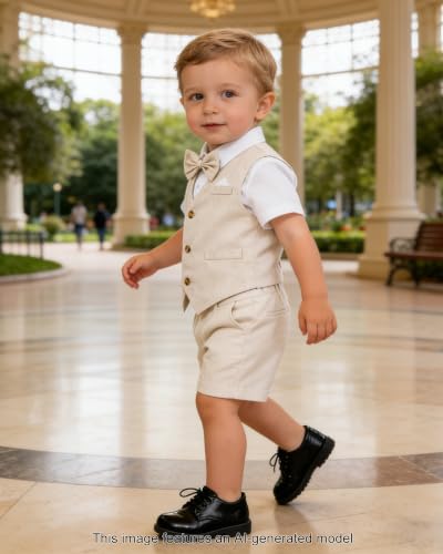 Image of SANGTREE Baby Boy Suit Wedding Ring Bearer Outfits Vest Short Sleeve Bowtie Shirt Suspender Summer Gentleman Shorts Sets