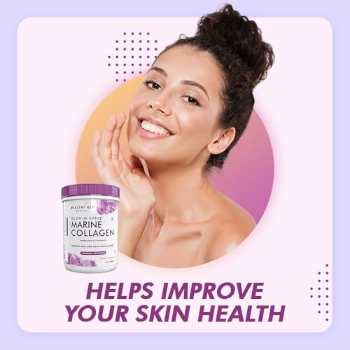 Image of HealthyHey Glow-N-Shine Marine Collagen Peptides |Type 1 Collagen Protein Supplement with Hyaluronic Acid | Amino Acids for Skin, Hair, Nails | Paleo Friendly, Non-GMO (Orange Flavour, 200g)