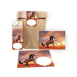 Junapack Lot de 12 cartes d’invitation pour 8e anniversaire d’enfant Motif cheval avec 12 enveloppes et 12 sachets…