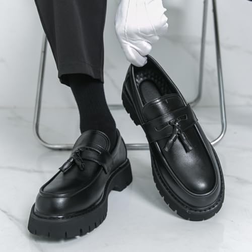 Image of Mens Leather Slip-On Platform Dress Tassels Loafers Non-Slip Low Top Round Toe Chunky Penny Shoes for Business Casual Dress Prom Party