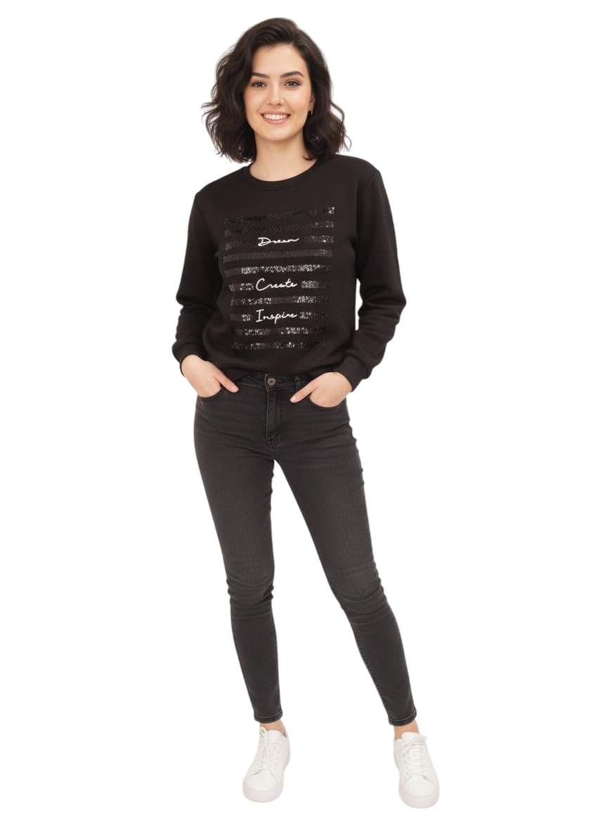 Women's Black Sweatshirt with Dream Create Inspire Sequin Design, Long Sleeves, Crew Neck-picture-28