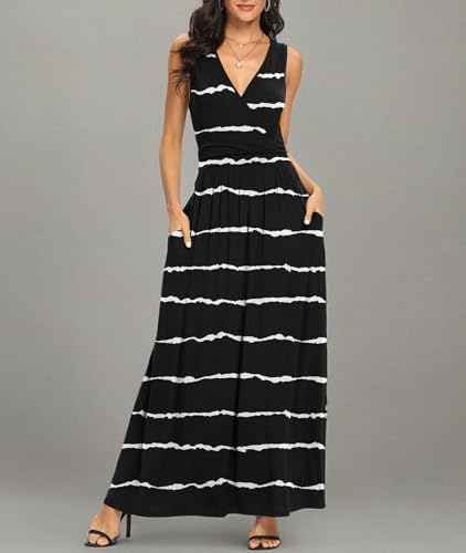 Image of LILBETTER Women Sleeveless Deep V Neck Loose Plain Long Maxi Casual Dress