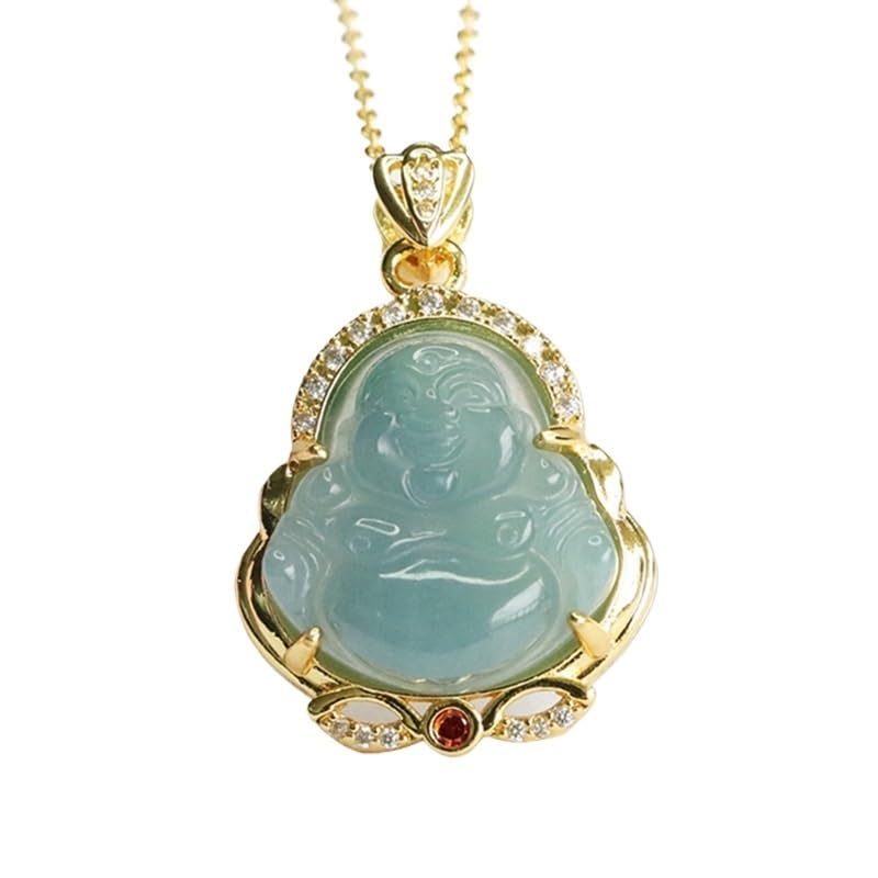 Collier avec pendentif Bouddha d'eau en jade naturel bleu Maitreya fait à la main