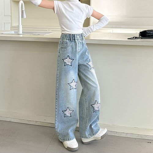 Girl's Kids Cute Star Baggy Jeans Straight Leg Loose Jeans Elastic Waist Pull On Denim Pants for Teens 6-14 Years3