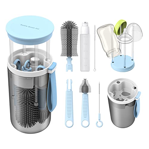 Image of TechoEcho Baby Travel Essential Bottle Cleaner Kit with Silicone Bottle Brush,Built-in Snap-on Drying Rack,Silicone Nipple-Shaped Brush,2 Straw Brushes,Bottle Soap Dispenser,Bottle Warmer Bowl.(Blue)