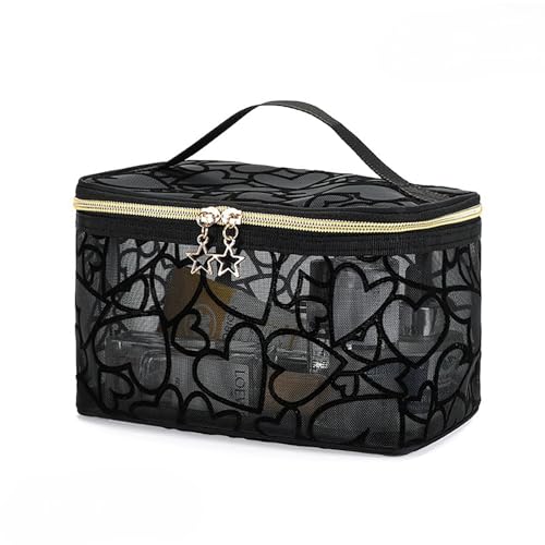 Image of Large Mesh Makeup Bag Flocking Heart Printed, Portable Travel Mesh Cosmetic Bags Toiletry Bags Makeup Purse Bags Five-pointed star zipper pull Storage Pouches, for Home Travel Accessories