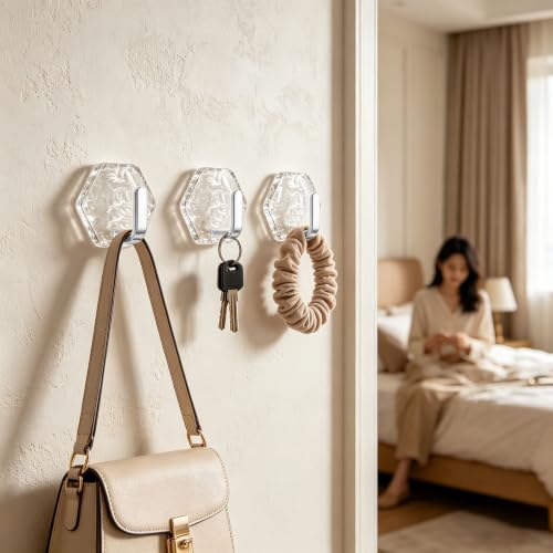4 Pcs No Drill Water Ripple Design Hexagonal Wall Hooks for Front Door (Silver) - image 2