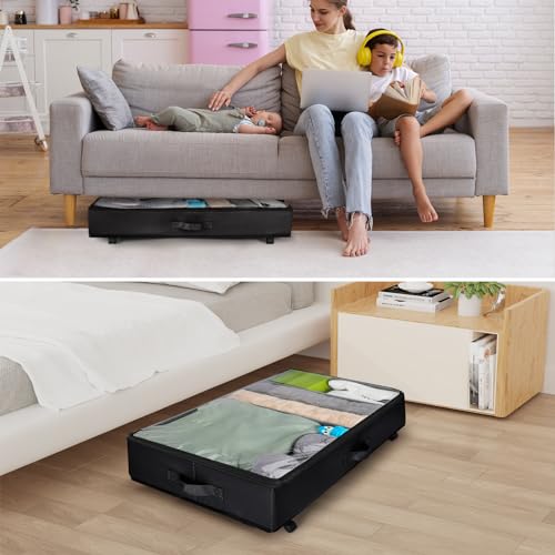 Xtsuen 2 Stück Unterbett Aufbewahrung, Unterbettkommode mit Rollen 360° Drehung and Metallrahmen, Faltbare Großes Fassungsvermögen Vliesstoffe Aufbewahrungstasche für Kleidung, Schuhe（Schwarze）
