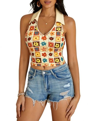 Verdusa Women's Floral Print Backless Halter V Neck Slim Fitted Crop Top Tanks