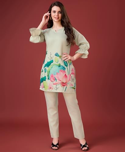 Image of MOJILAA Women Linen Floral Print Causal Co-ord Set | Linen Co-ord Set | Printed Co-ord Sets | Causal Wear | A-line Co-ord | Top and Bottom Wear