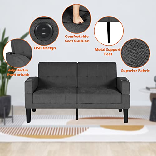 Aileekiss 56" W Loveseat Sofa Upholstered Love Seat Sofas With 2 Usb And Removable Armrests Modern Fabric Couches For Living Room, Apartment, Small Space (2-Seat, Dark Grey) #TOP5