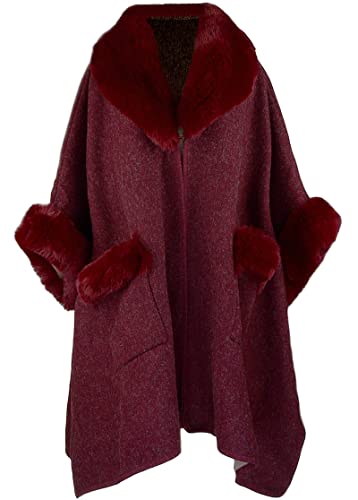 Image of Women Poncho with Pocket Warm Cashmere Cardigan Cape with Rabbit Fur