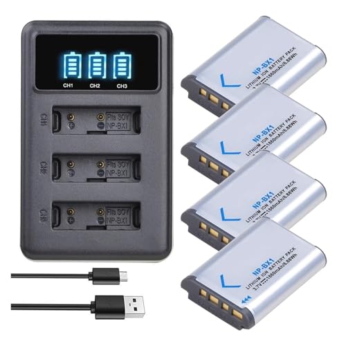 HTHOME Batería NP-BX1 NPBX1 de 1860 mAh + Cargador LED de 3 Ranuras Compatible con Sony ZV-1 FDR x3000 HDR as300 DSC rx100 III DSC RX1 RX100iii(4 Battery Set)