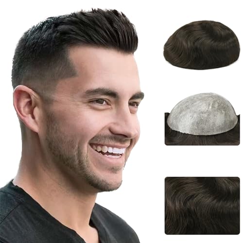 Zakya Hair System for Men Thin Skin Men's Toupee 100% Human Hair Men's Hairpieces 8x10 Inches Base Size Hair Replacement System for Men (Dark Brown 2#)