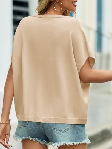 Image of Saodimallsu Womens Summer Oversized Cardigans Batwing Short Sleeve Lightweight Button V Neck Casual Knit Sweater Tops