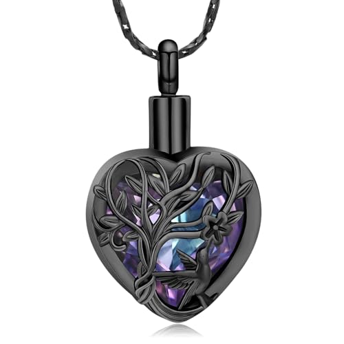 Imrsanl Tree of Life Cremation Jewelry for Ashes Crystal Heart Urn Necklace for Women Men Hummingbird Flower Memorial Pendant Ashes Holder Keepsake
