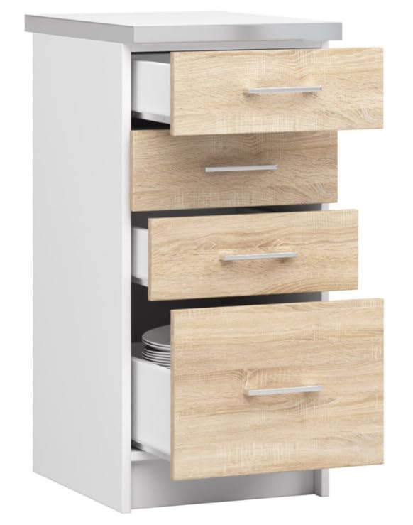 BDW - Küchenschrank Weiß/Sonoma - Schrank Küche mit Arbeitsplatte und Schubladen - Schrank 40 cm breit, 85 cm hoch - Küchenschränke Einzeln, Küchenmöbel Einzelteile