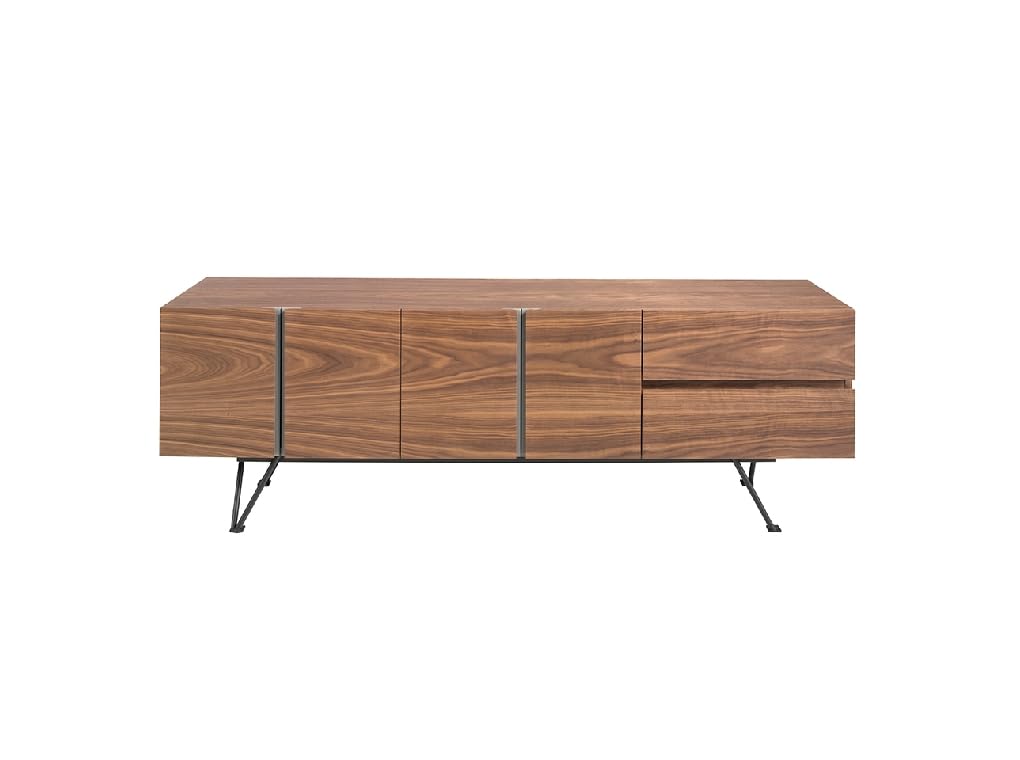 Ángel CERDÁ TV-Schrank aus Holz mit Walnussfurnier und schwarzem Stahl, 180 x 42 x 60 cm, Wohnzimmermöbel mit 2 Türen und 2 Schubladen, Softclosing