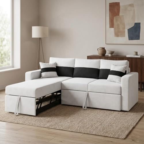 Image of FURNY Soria 4 Seater LHS Lounger Sofa Cum Bed (Light Gray - Black) with Pull-Out Function | Luxury Velvet Suede Finish | Durable Comfort | Ideal for Living Room