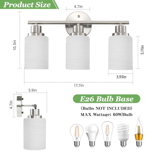 Image of Brushed Nickel Bathroom Light Fixtures, 3-Light Vanity Lights | Vanity Lights for Mirror with Textured Milky White Glass Shade, E26 Base Modern Kitchen Light Fixtures Wall Sconce Light