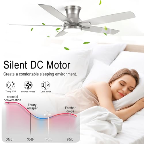 52 Inch Flush Mount Brushed Nickel Ceiling Fan with Light and Remote Control.Noiseless,Dimmable,3CCT,6 Speeds Reversible, Low Profile DC Ceiling Fans for Indoor or Covered Outdoor Use,ETL Listed by YUHAO - Image 4