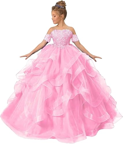 Off Shoulder Pageant Dresses for Girls Lace Applique Ruffle Flower Girl Dress Princess Ball Gown