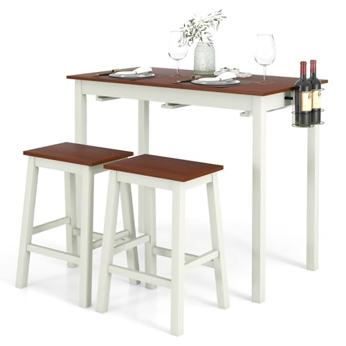 TANGZON 3-Piece Dining Table Set, Wooden Kitchen Table and 2 Stools with Wine Holders, Footrest & Non-Slip Footpads, Space Saving Breakfast Bar Table Chairs Set (Flat Seat, with Wine Holder)