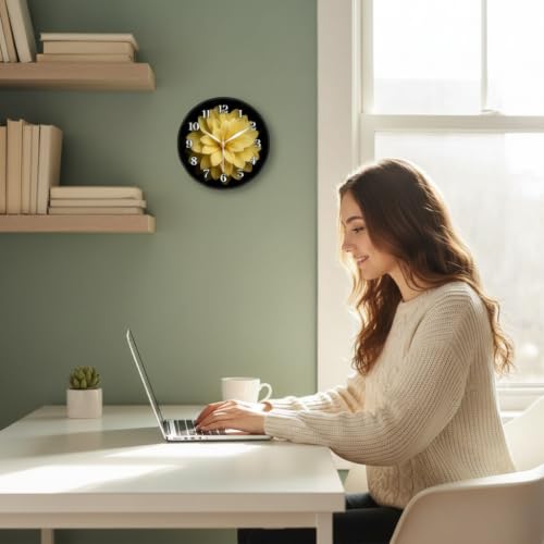 Image of Stunning Yellow Flower Wall Clock for Living Room Decor | Round Analog Silent Non-Ticking Clock with Black Frame | Floral Nature Watch for Bedroom, Kitchen & Office | High Contrast Modern Design