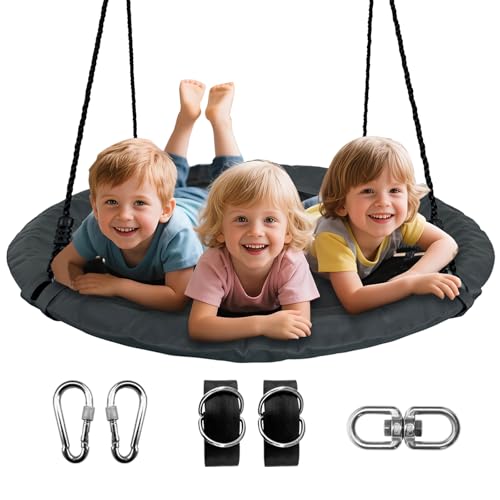 Sheyaoge Nestschaukel Tellerschaukel Hängeschaukel Rundschaukel 100cm Schaukel, mit Kissen Höhenverstellbare Schaukel Outdoor & Indoor für Kinder und Erwachsene -bis 150kg belastbar- Dunkelgrau