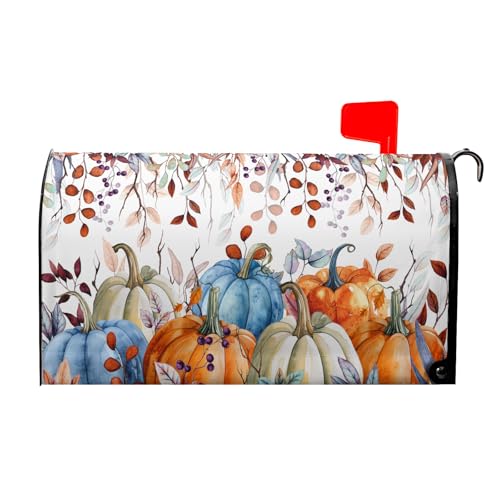 Image of Fall Mailbox Covers Magnetic Standard Size 21x18 Inch Autumn Pumpkins Blue Watercolor Eucalyptus Leaves Mail Box Cover Thanksgiving Harvest Letter Covers Decor Post Box Wraps for Outdoor Garden Yard