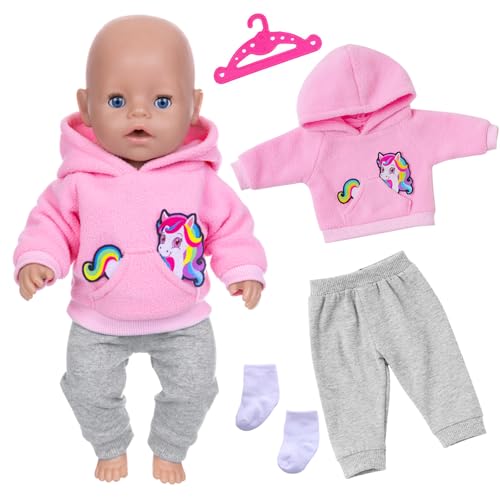 Xerteam 4 stuks babypopkleding voor poppen van 35-45 cm, schattige cartoonpoppenkleding met roze ponyhoodie, grijze broek, sokken en hanger, schattige poppenkleding cadeau