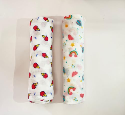Image of Swaddle for Babies -100% Muslin Cotton Soft Swaddle /Blanket /Multipurpose Wrap for New Born Baby Girl & Boy | 100x100 cm | Perfect for Gifting | 0-6 Months, Set of 2,(Rainbow & Ice-cream Print)