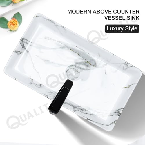 Image of QUALITO Designer Table Top Wash Basin for Bathroom, Living Room, Hall, Dinning Room | Big Size Ceramic Vessel Sink /Basin | Glossy Finish Marble Vanity Basin (24x14x5 Inch, Lito)