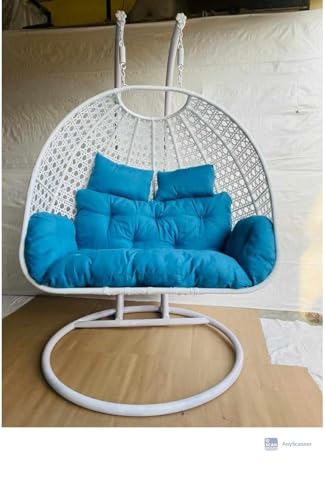 Image of Double Seater Hammock Swing Chair with Stand & Cushion | Heavy Duty Powder Coated Steel Frame | Outdoor Indoor Hanging Swing for Patio Balcony Garden Terrace Living Room (White-Sky.Blue)