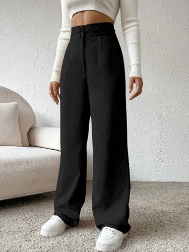 Image of Women's Wide Leg Bottomwear with Pocket || Corduroy Mid Rise Loose & Relaxed Fit Casual Korean Baggy Trousers for Woman Elegant Workwear for Office, College & Events