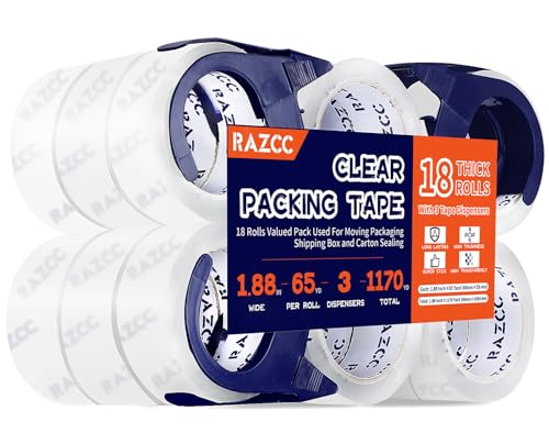 RAZCC Packing Tape, 18 Rolls Clear Heavy Duty Packaging Tape with Dispensers for Packing, Shipping, Moving and Mailing, Thicker Sealing Tape-1.88" x 65 Yards Per Roll, 1170 Total Yards