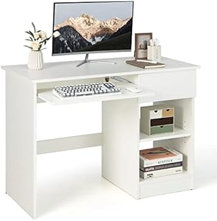 COSTWAY Computer Desk, Wooden PC Laptop Table Writing Workstation with Sliding Keyboard Tray, Drawer and Adjustable Storage Shelf, Modern Home Office Working Gaming Study Desk, White