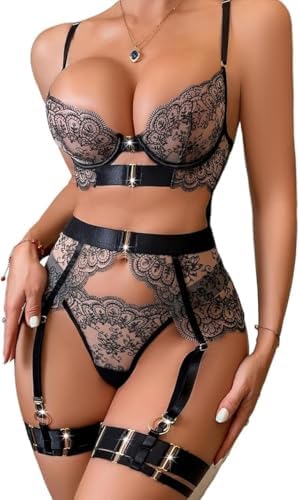 Foto de Conjunto de lencería de encaje con liguero, brasier transparente y braga bordado floral correas ajustables para mujer (imagen 1)
