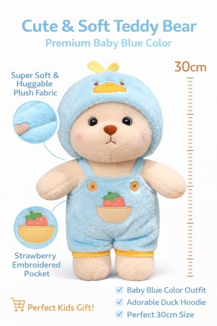 Image of RVA Soft Toy Cute Duck Hoodie Teddy Bear Soft Stuffed Animal Doll 30 CM for Kids, Babies & Toddlers | Huggable Cuddly Plush Gift for Boys & Girls (Sky Blue)