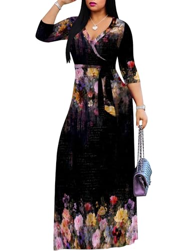 Image of SUZONANA Plus Size Dresses for Women Floral Print Maxi Dress Flowy 3 /4 Sleeve with Belt