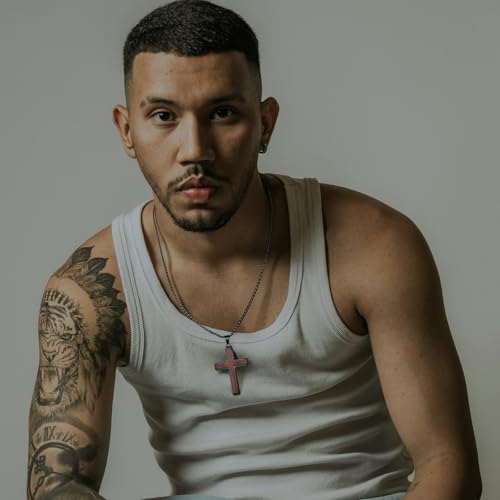 Wooden Cross Necklace for Men, Natural Sandalwood Inlaid with Black Stainless Steel Pendant, Mens Cross Necklaces Including 24 Inch Box Chain ﻿4