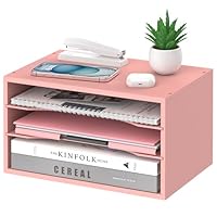 SHARKWOODS Wood Desk Organizer, 3 Tier Paper Tray Organizer for Desk with Adjustable Storage Shelves, Desktop Paper Sorter Mail Holder for Office Home Classroom, Pink