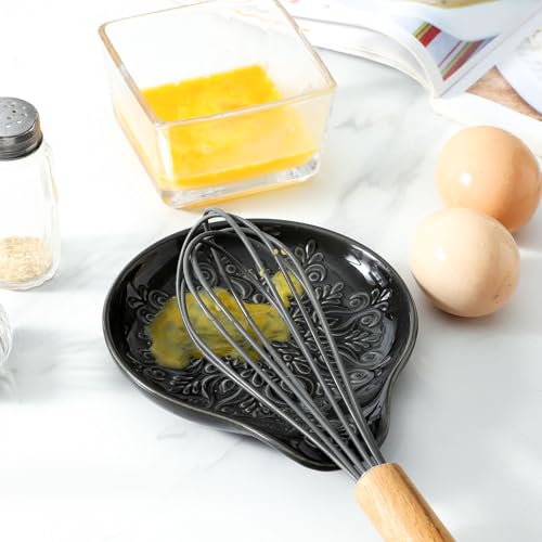 Image of Farmhouse Ceramic Spoon Rests Holder for Kitchen Counter Stove Top (Black-A3)