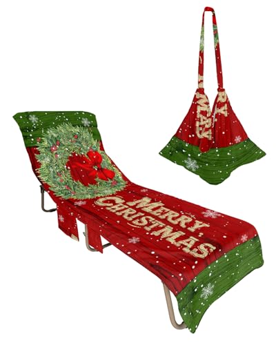 Christmas Beach Lounge Chair Towel Cover, Soft Chaise Lounge Towel with Side Pockets Patio Pool Chairs Cover for Beach/Pool Sunbathing 29x85 Xmas Pine Needle Berry Wreath Red Green Wooden